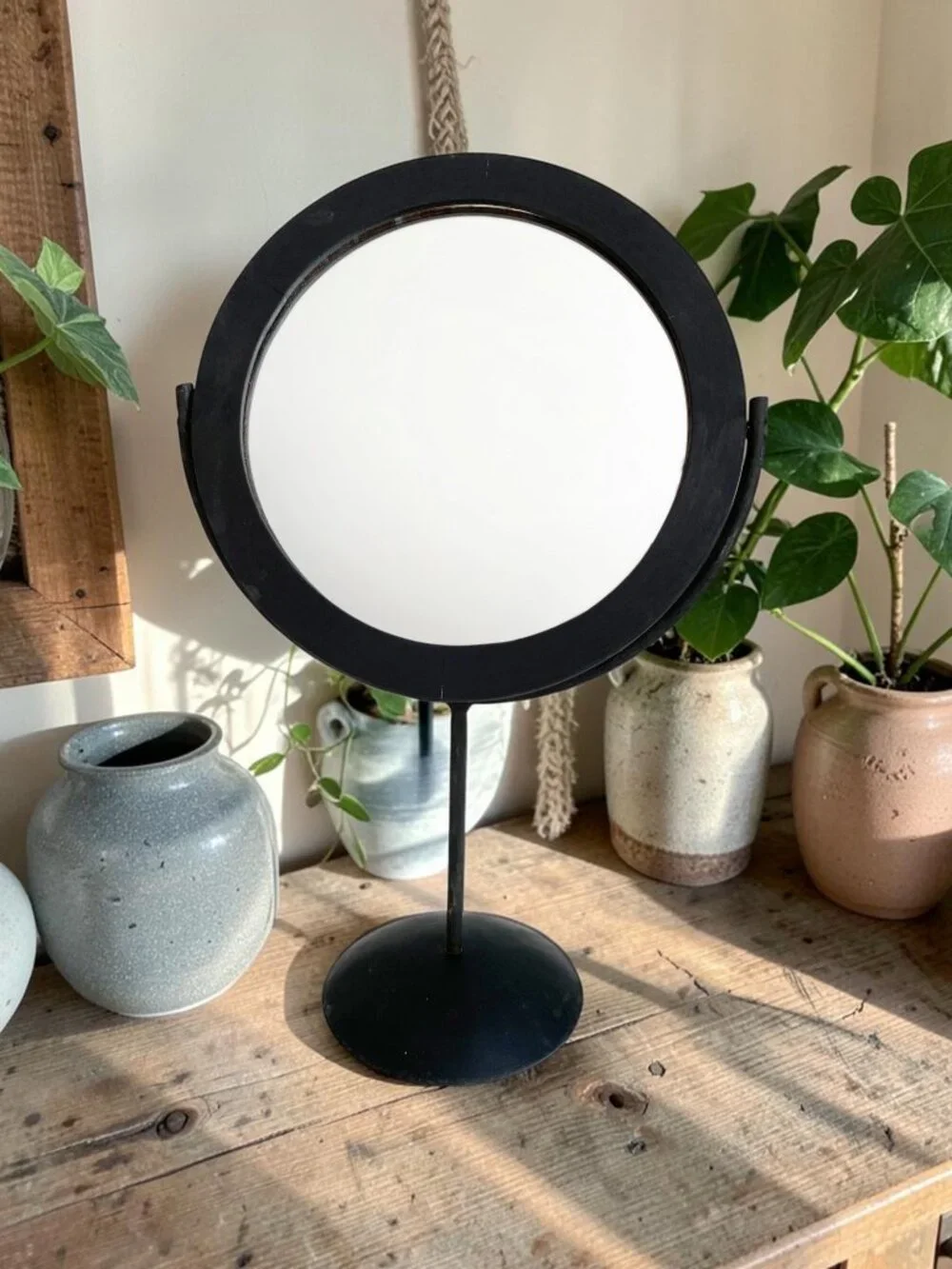 Black Tabletop 360 Swivel Metal & Wood Decor Mirror | Bathroom Vanity Boho